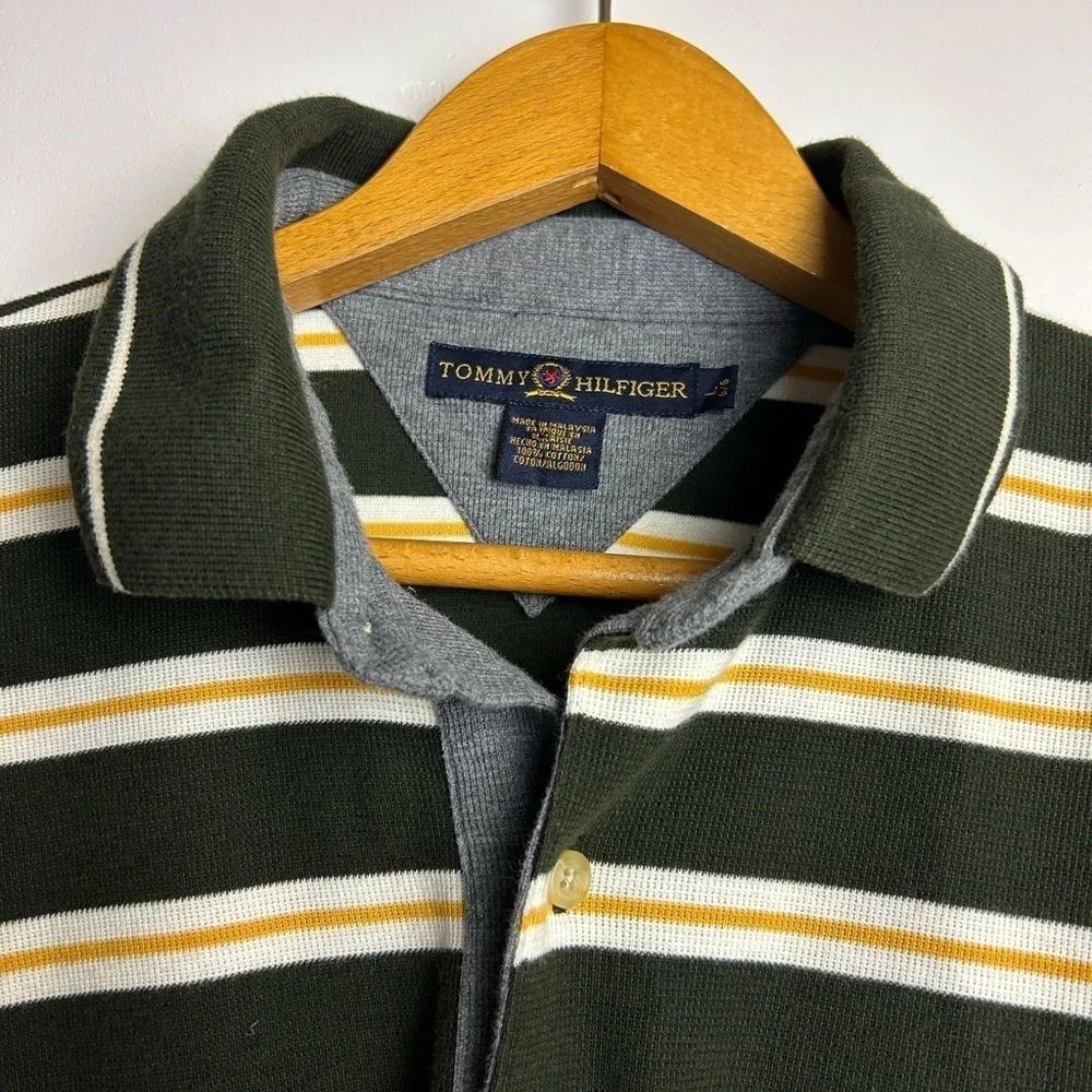 VTG Tommy Hilfiger Green Striped‎ Polo Shirt Mens Sz L Logo Thermal Equestrian